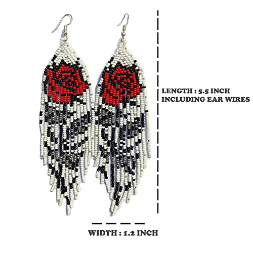 Weavish Long Beaded Dangle Earrings – Boho Native Handmade Seed Bead Tassel Earrings, Bohemian Large Statement Beaded Drop Fringe Earrings for Women3