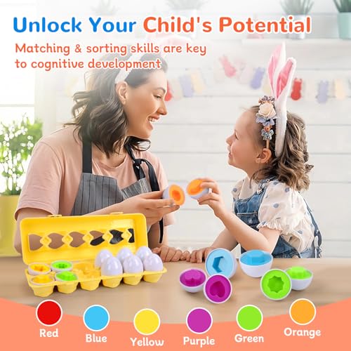 Image of USATDD Matching Eggs for Toddlers Montessori Geometric Eggs Color & Shape Recognition Toy, Fine Motor Skills Shape Sorter Puzzle, Easter Eggs Toys Gifts for Kids, Easter Basket Stuffers