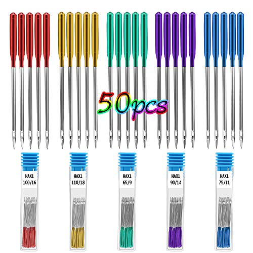 Amytalk 50Pcs Sewing Machine Needles Universal Regular Point Machine Needles Compatible For Singer, Brother, Janome, Varmax With Size In 65/9, 75/11, 90/14, 100/16, 110/18 (5 Colors) #TOP24