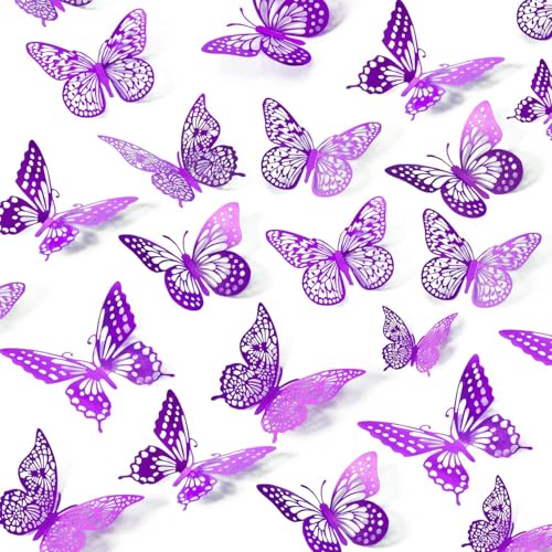 UCLEVER Lot de 48 papillons 3D dorés violet métallisés - 4 styles - 3 tailles - Papillon doré - Décoration pour anniversaire et fête