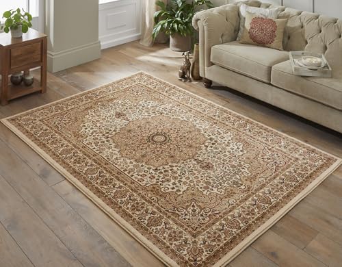 Image of Lord of Rugs Grand Heritage GH101 Traditional Rug Medallion Bordered Classic Million Point Detail Rug Perfect for Living Room, Dining Room Cream Beige Large 160x230 cm (5'3"x7'7")