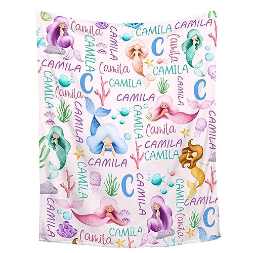 Personalized Mermaid Baby Blanket with Name - Swaddle Blanket for Toddlers, Infants, Kids & Newborns - Nursery Stroller Crib Decor Throw - Birthday Gift