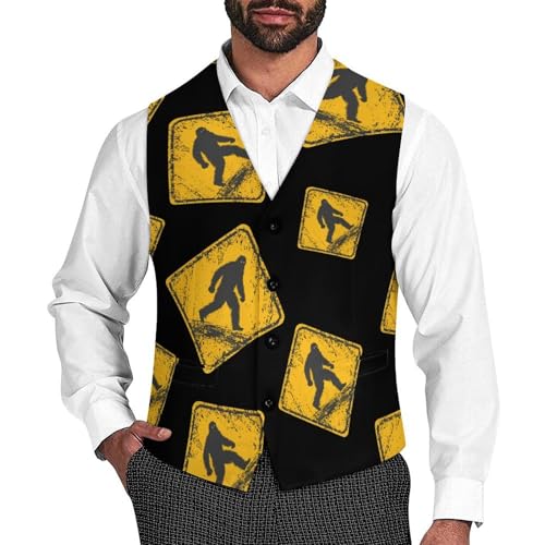 Sasquatch Crossing Road Sign Men's Formal Suit Vest for Business Formal Or Casual Dress Waistcoat Wedding