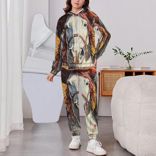 Boys Girls Pullover Hoodie and Pants Outfit 2PCS Set Sweatshirt for Kids, Western Cowboy Horse West Art2