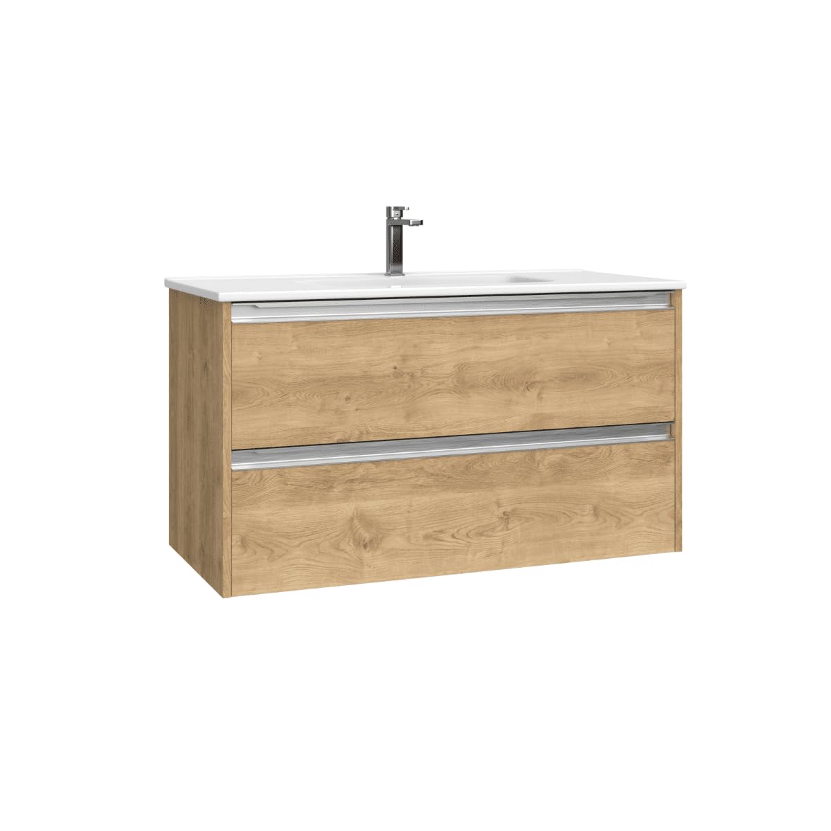Mueble de Baño Suspendido con Lavabo Cerámico| Mueble Volado 2 Cajones con Tirador | 100 cm Roble Natural Tirador Cromo