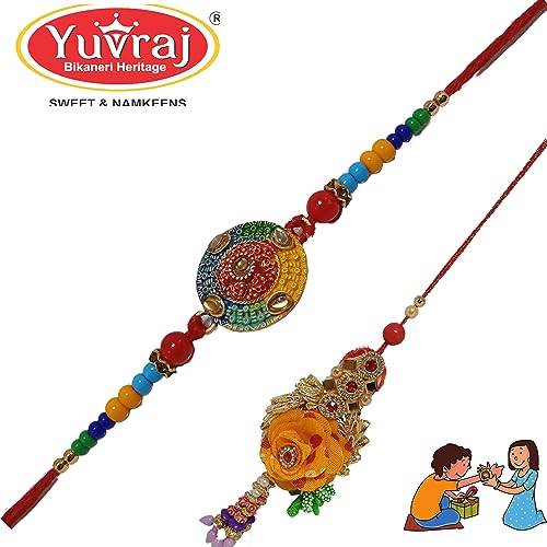 Image of Yuvraj Food Product Rakhi for bhaiya and bhabhi (Gold Design Ganesha & rajasthani kangan) with 2 kids rakhi & 1 kg Gulab Jamun Sweets with Rakhi Special Festival