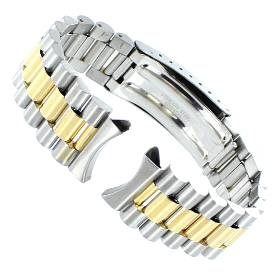 18mm Town & Country President Style Gold and Silver Two Tone Fold Over Adjustable Clasp Mens Watch Band With Silver Tone Curved Ends