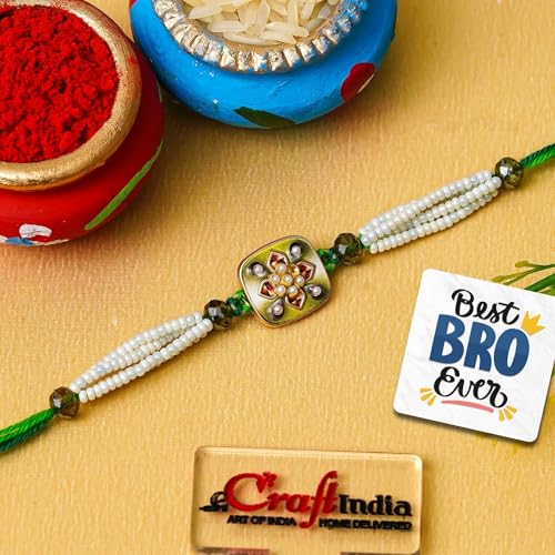 Image of eCraftIndia Beautiful Flower Pearl Rakhi for Brother with Gift Combo Set Hamper | Raksha Bandhan Rakhi for Bhai Bhaiya | Best Bro Ever Fridge Magnet | Roli Chawal Pack