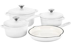 Basque Enamel Coated Cast Iron Cookware Set (Blanc White), 7-Piece Set