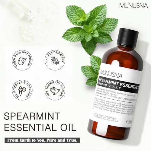 Image of Spearmint Essential Oil, Aromatherapy Oil for Skin Hair Body Care | Pure and Natural, Spearmint Oils for diffuser, Home, Massage, DIY Soap and Candle Making, 100ML / 3.38 fl oz