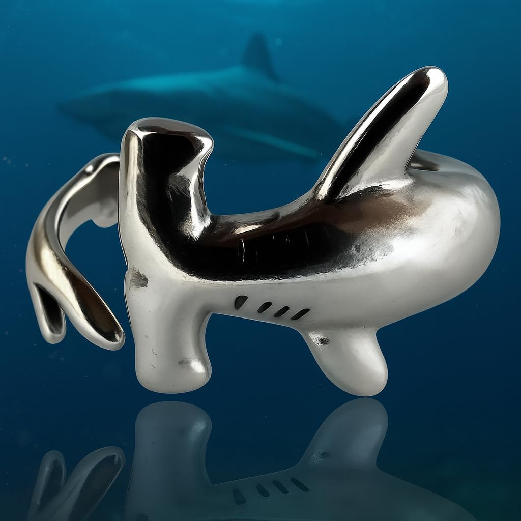 Sterling Silver Great White and Hammerhead Shark Adjustable Ring with Black Cubic Zirconia Accents