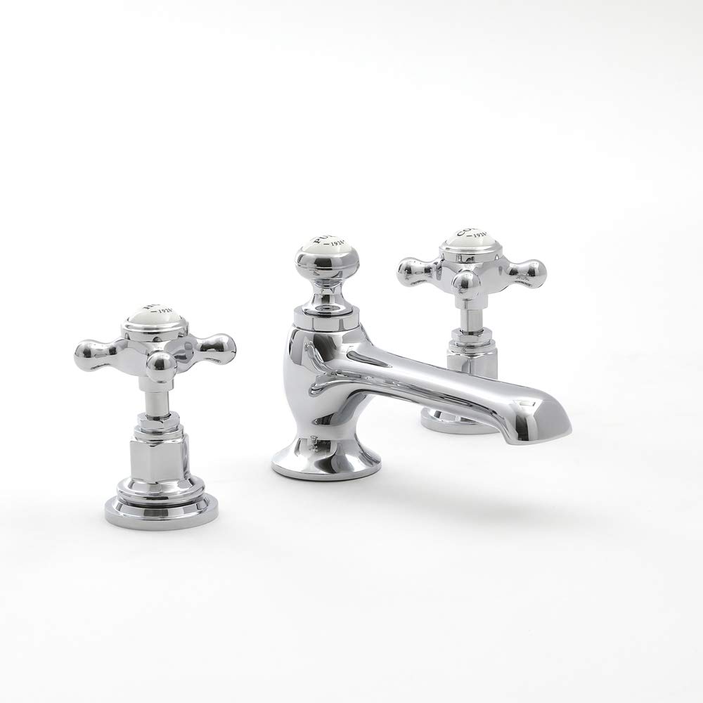Milano Chrome & White Elizabeth 3 Tap-Hole Basin Mixer Tap Crosshead Handles - Chrome White