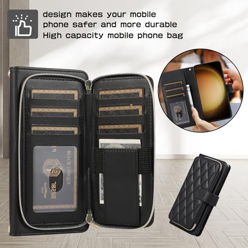 YYTVN Wallet Case for Samsung Galaxy S23 6.1 inch with Zipper Card Holder & Shoulder Strap & Wrist Strap, Crossbody Purse Handbag Stylish Protective Cover for Galaxy S23 -Black