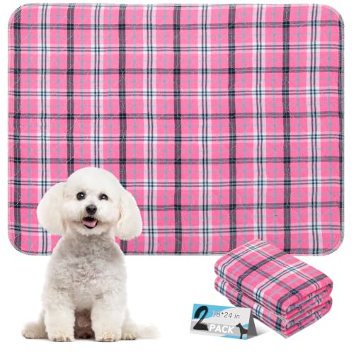 Image of Washable Pee Pads for Dogs - 18 inchx24 inch 2PCS, Whelping Pad for Puppy Training, Playpen Crate Bed Floor Protector, Reusable Dog Potty Pads Non-Slip, Super Absorbent & Odor Controlling, Pink Plaid