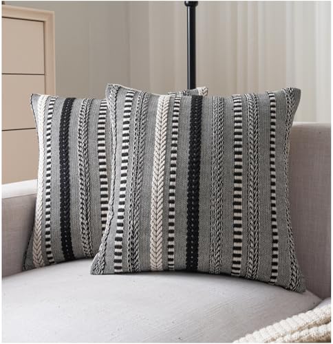 Cethom Boho Throw Pillow Covers 18x18 Inch Set of 2, Farmhouse Decorative Couch Pillow Cases, Black Accent Pillows of Bed, Sofa Bedroom Living Room Home Decor Cushion Cover