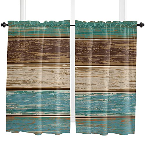 Teal Turquoise Window Tier Curtain 45 Inches Long Set of 2 Panels, Retro Rustic Wooden Half Windows Rod Pocket Kitchen Curtains Teal Green Brown Small Kitchen Drapes for Bathroom Cafe 55''x45''
