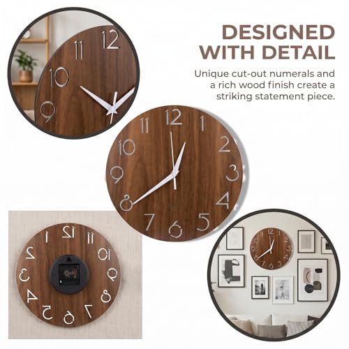 Nicunom 12 Inch Wooden Wall Clock, Cut-Out Numbers Design, Rustic Country Style Wall Clocks, Silent Non-Ticking, Decor for Home Living Room Bedroom Kitchen Office - Battery Operated - Image 4