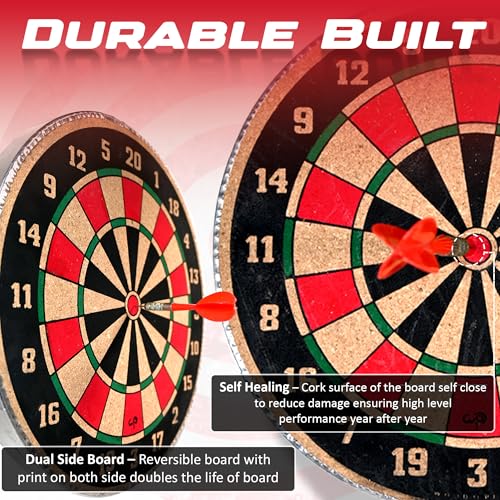 Image of Wood O Plast Wooden Dart Board Game for Kids & Adults, Dual Sided Play, Steel-Tips Darts and 1 Hook for Hanging, Cork Surface, Indoor Outdoor Games for Kids, Dart Board Family Game Set (12 Inches)