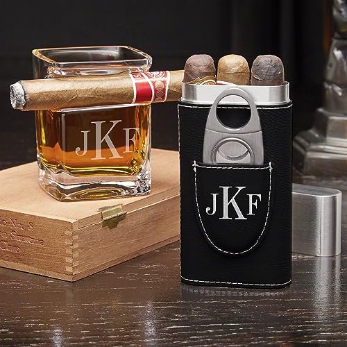 HomeWetBar Engraved Whiskey Sqaure Glass With Cigar Holder- Personalized Whiskey and Cigar Accessories