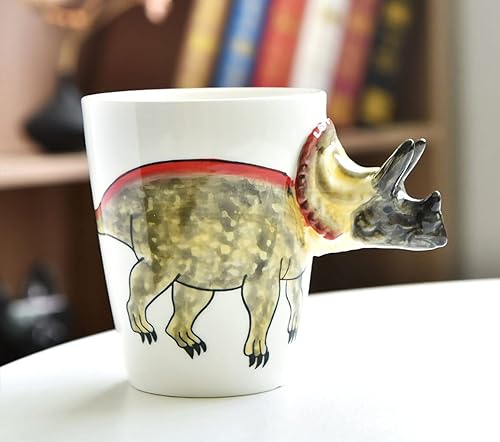 Miniatura 3 de WAIT FLY Taza de café creativa de cerámica, diseño de mango en forma de dinosaurio 3D, taza de desayuno con leche y avena, taza Triceratops, 13 onzas