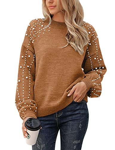 Image of Blooming Jelly Women's Chunky Sweater Crewneck Sweatshirt Knit Lantern Sleeve Oversized Pullover Sweater with Pearls