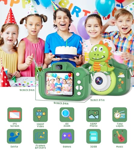 Gontence Kinderkamera, Digitalkamera Kinder, 2 Bildschirm Kinder Kamera SD Karte 32GB | 1080P HD Videos, Spielzeug Kinderspielzeug ab 3 4 5 6 7 8 9 10 11 12 Jahre, Geschenk Jungen Digital