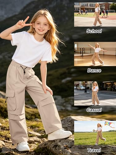 Image of SANGTREE Girls Parachute Pants Loose Lightweight Drawstring Waist Hip Hop Cargo Pants,6-16 Years