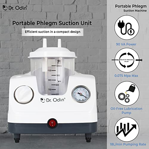Image of Dr. Odin OSU 301 Portable Phlegm Suction Machine with 1200ml Jar, Oil-Free Pump for Hospital, Dental & Home Use, 1-Year Warranty | Made in India (White & Grey)