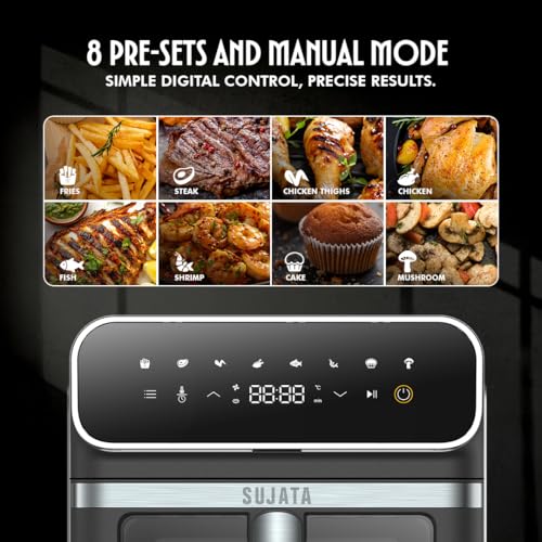 Image of Sujata Fryomatic Plus Air Fryer 6.4L | 2000W| Up to 80% Less Oil Usage | Bake, Grill & Roast| 8 Preset Modes| Digital Display & Touch Control Panel |Glass Window with in built Light | 2 Years Warranty