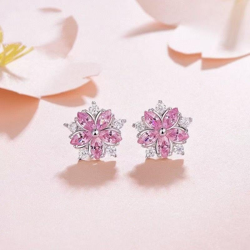 coadipress Pink Cherry Blossoms Necklace Stud Earring Ring Set for Women Sweet Dainty Cherry Blossom Earrings Necklaces Floral Prom Party Bride Wedding Jewelry - Image 6