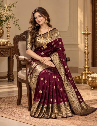 Image of Womens Banarasi Kanjivaram Art Silk Saree | Scattered Floral Butti & Heavy Paisley Zari Border | Includes Unstitched Blouse Piece