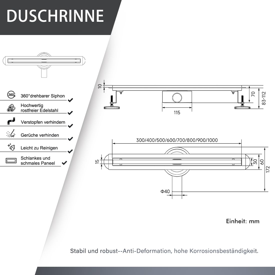 Canalina per doccia, 90 cm, in acciaio inox, set completo, con sistema antiodore e filtro per capelli a 360°, ultra sottile