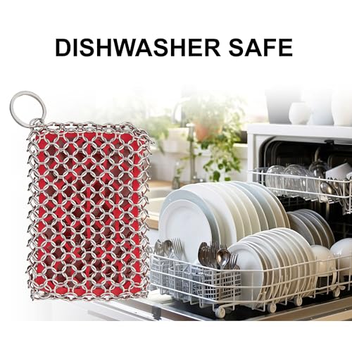 Image of HIC Kitchen Chainmail Cast Iron Scrubber, 18 /8 Stainless Steel and Silicone