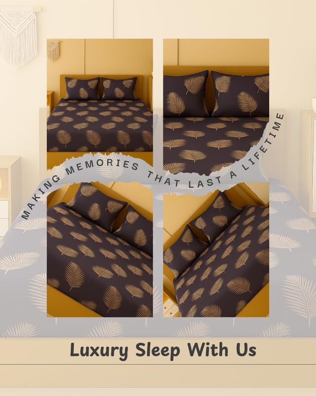 Image of NEW LEAF 320 TC Cotton All Around Elastic Fitted Printed Bedsheets King Size, Premium Fitted Bedsheets King Size for Double Bed with 2 Pillow Covers, Size- 78 inch x 72 inch Purple