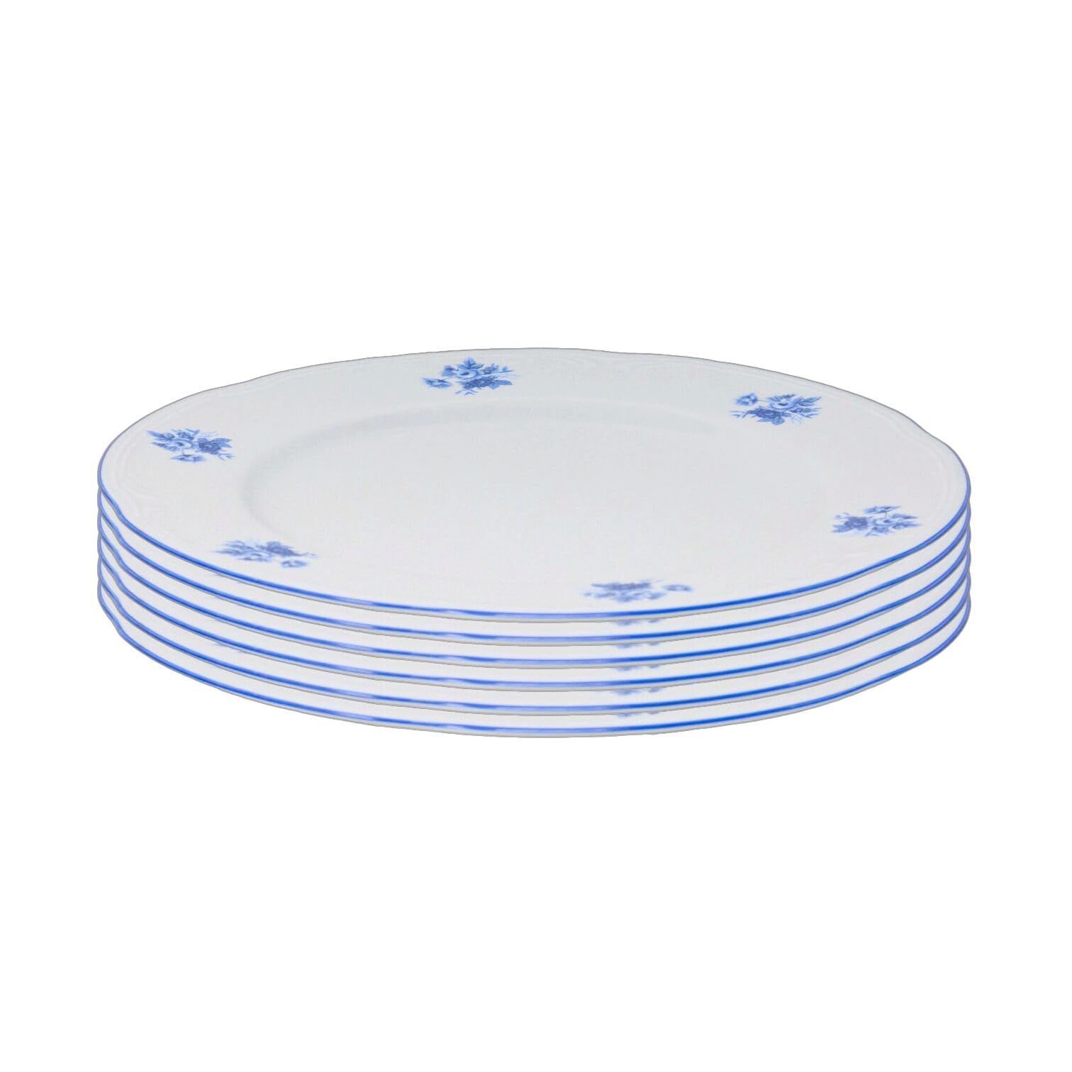 FranquiHOgar - SET 6 Platos Llanos de Porcelana Premium - Diseño Elegante con Flores Azules - Apto para Microondas y Lavavajillas - Blanco y Azul, Porcelana