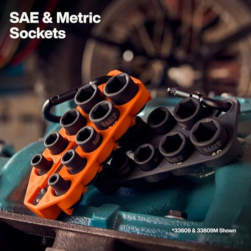 Image of Klein Tools 80207 Grab-And-Go Impact Socket Sets, SAE and Metric, 20-Piece Set with Sleeves, Carabiners, 3 /8-Inch Drive, Color-Coded, 1 /4-Inch to 3 /4-Inch, 8 mm to 19 mm Sockets