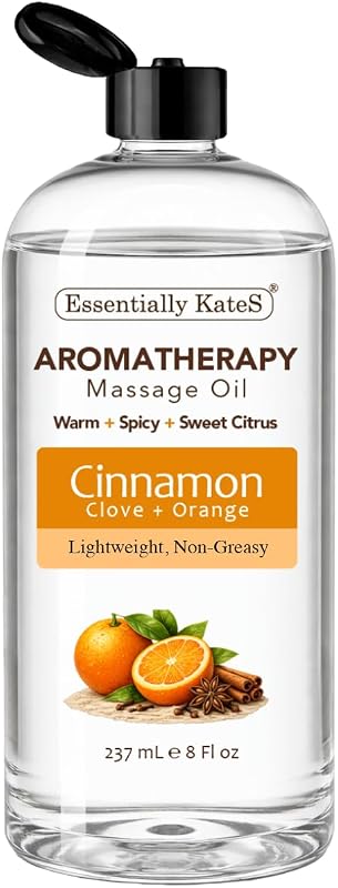 Aromatherapy Massage Oil – Cinnamon, Clove & Orange – Lightweight, Non-Greasy Body Oil with Fractionated Coconut Oil – Warming, Uplifting – 8 fl oz