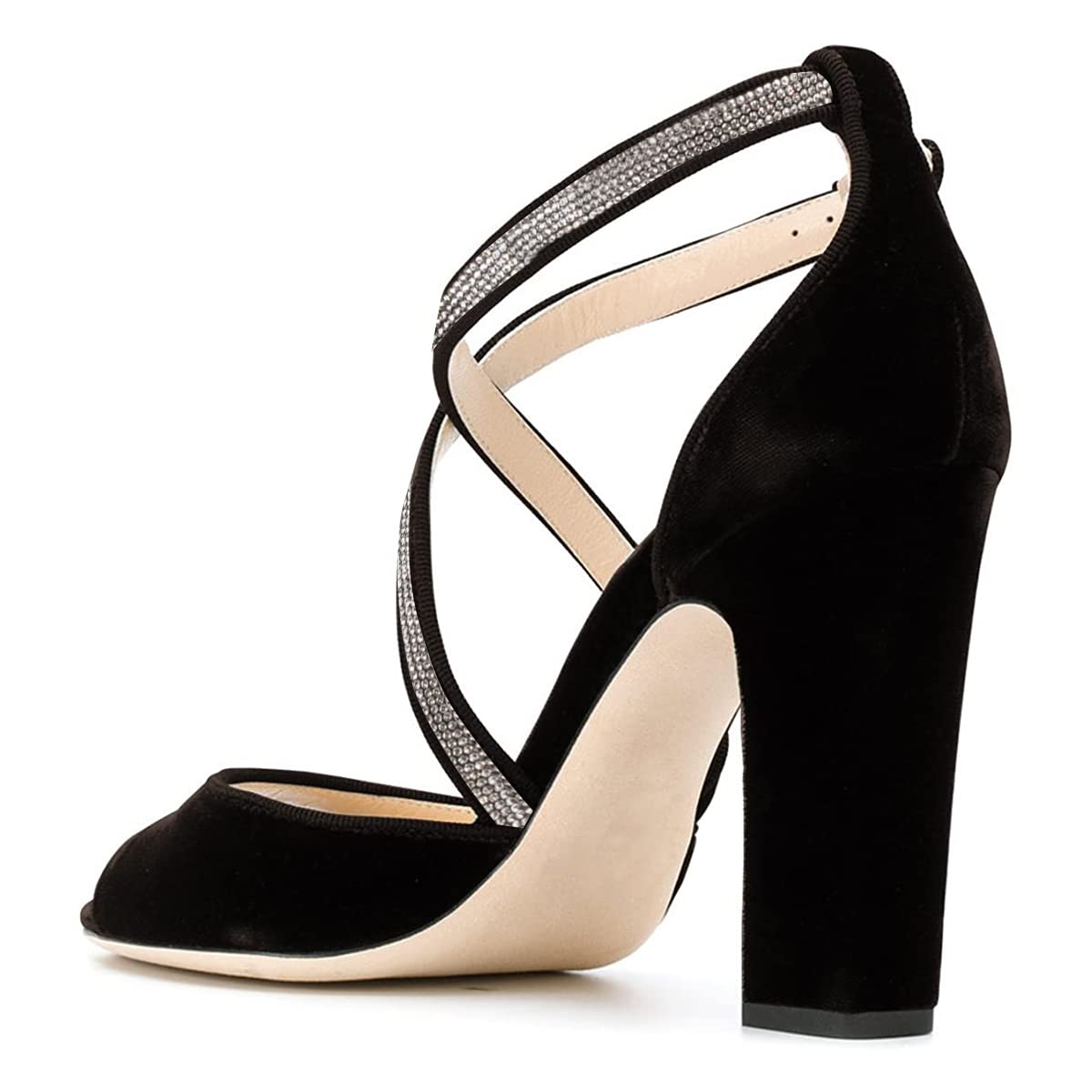 FSJ Women Elegant Peep Toe Sandals Chunky High Heel Pumps Cross Strap Velvet Suede Dress Pumps Size 4-15 US: 10 Black-rhinestone 2