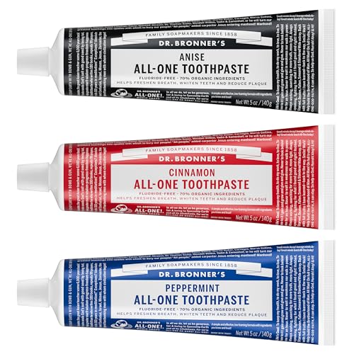 Image of Dr. Bronner's All-One Toothpaste 3-Pack Variety- (Peppermint, Cinnamon, Anise, 5oz Each)- 70% Organic Ingredients, SLS Free Toothpaste, Fluoride Free, Natural, Vegan, Gentle for Sensitive Teeth