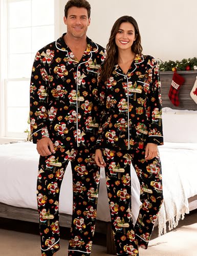 Image of RAISEVERN Couples Christmas Matching Pajamas 2 Piece Women Men Xmas Pjs Soft Pajama Set Long Sleeve Loungewear Warm Sleepwear