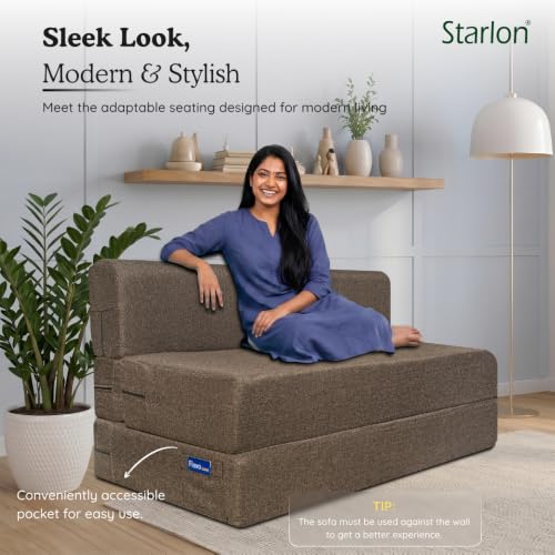 Image of Starlon 2 Seater Sofa Cum Bed Foldable 3-in-1 Sofa Bed with 1 Year Warranty, Washable Jute Fabric Cover & 2 Waves Pillows | Guest Bed | Coffee Brown 4x6 Ft