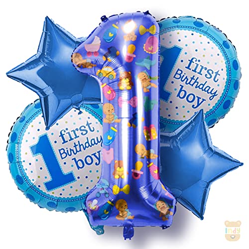 Image of ITAF Set of 5 Pcs Blue 1st Birthday Foil Balloons Decoration Kit For Baby Boy, Kids - 1 Number Blue Foil Balloon, 2 Foil Star Blue Balloons, 2 Round Foil Printed 1st First Birthday Boy Balloons