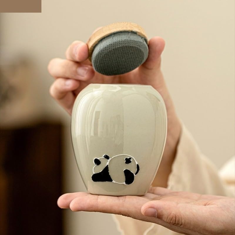 Caja de té Sellada Lata de té de cerámica Panda, cubierta de madera, carrito de té, tanque sellado, tanque de almacenamiento, organizador de té, caja de almacenamiento, contenedor de té, tarro de té T