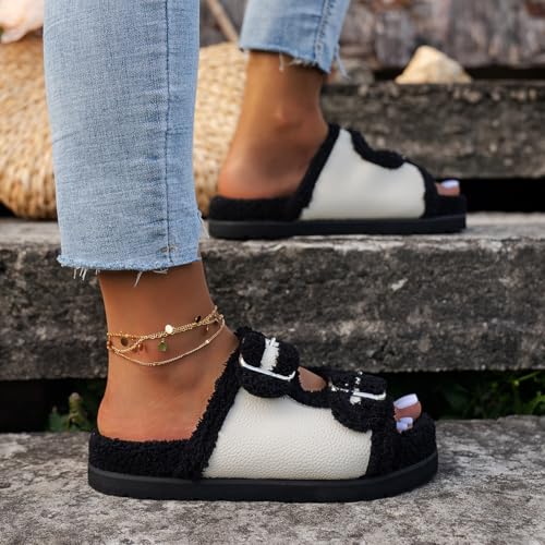 Plush Slippers Thick Sole Open Toe for Women Metal Buckle Fuzzy Slippers Fashion Cozy Fluffy Indoor Home Slipper4
