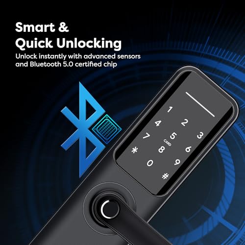 Image of Wipro Smart Door Lock Aura Pro | 6-Way Unlocking | 5 Bolts | Fingerprint, PIN, Access Card, Guest Unlocking via OTP, Mobile App | Pin Decoy, Alerts | IP65 Waterproof | 2 Yr Warranty | Black