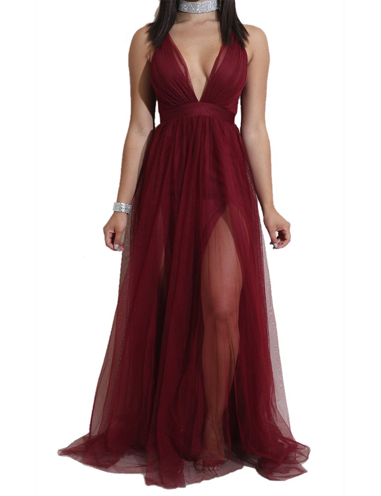 Mesh Long dress, Women Sexy Deep V-neck Cross Strap Backless Sleeveless Chiffon Long Maxi Dresses Side Split Tulle Bridesmaid Evening Party Cocktail Sundress Wine Red(S, M, L, XL) (M, Wine Red)