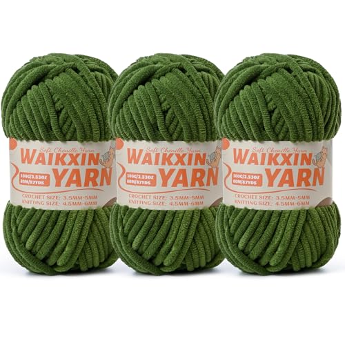 Image of (3 Pine Green) 3 Pack Super Soft Fuzzy Chenille Chunky Yarn for Crocheting, 300g (261yds) Velvet Fluffy Amigurumi Yarn for Hand Knitting Baby Blankets Weaving Craft