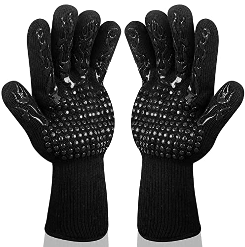 Gants de Barbecue - Gants de Cuisine - Résistants à la Chaleur - 1 Paire de Gants en Silicone antidérapant EN407 - pour Griller, Cuisiner, souder, Foyer (Noir)