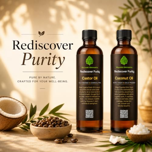 Image of Cold Pressed Castor Oil & Extra Virgin Coconut Oil Combo | 100 ml Each | 100% Pure | Unrefined | Edible Grade | Hexane Free | Amber Glass Bottle | 100ml * 2