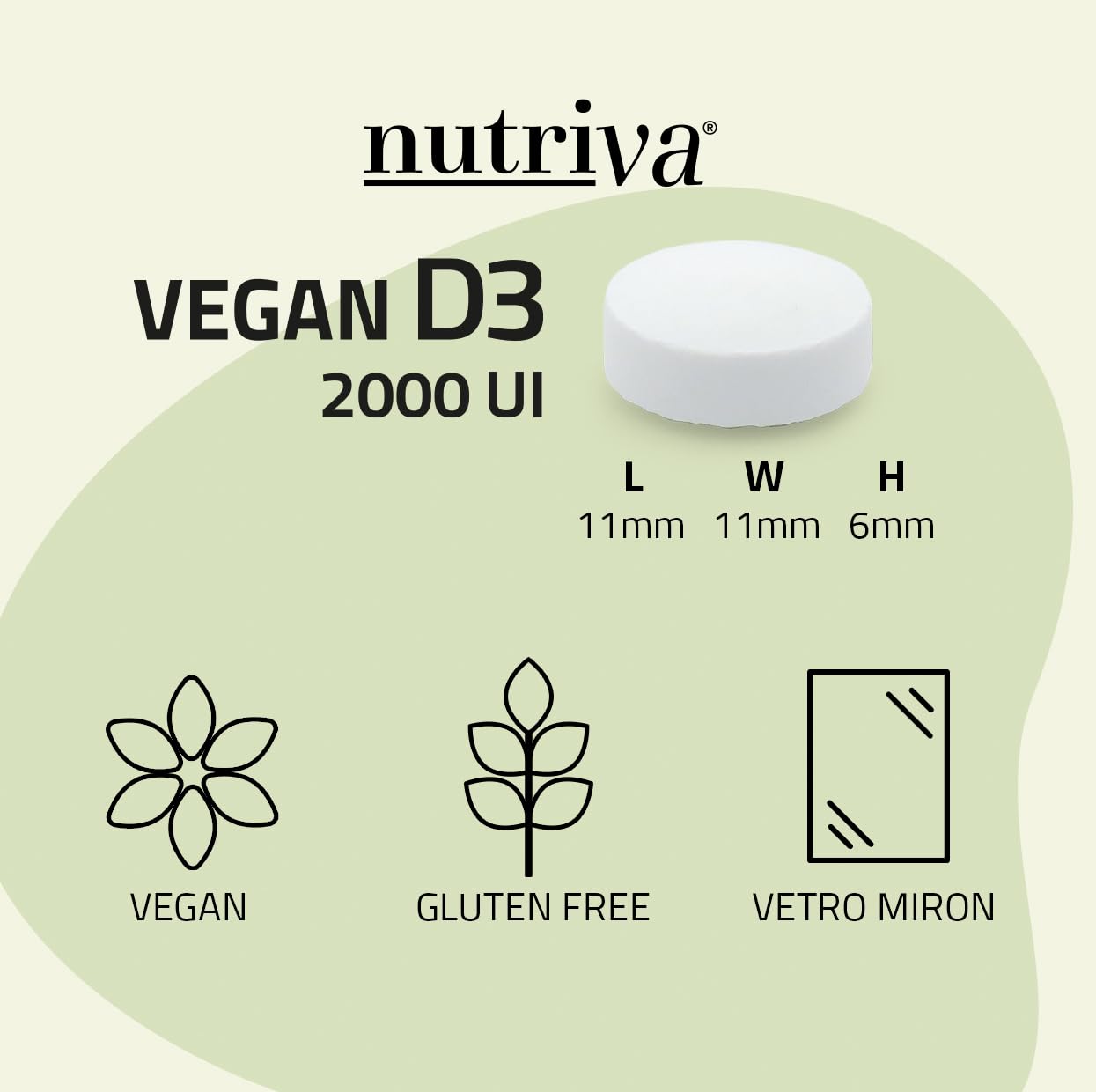 NUTRIVA Vegan D3, Integratore Alimentare a Base di Vitamina D3, Ideale per le Ossa e per il Supporto del Sistema Immunitario, Naturale, Privo di OGM, Glutine e Allergeni - 120 Compresse Masticabili